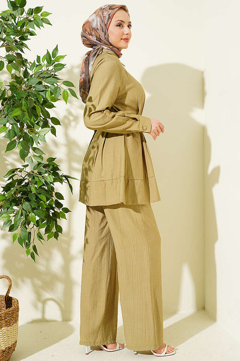 Belted Two-Piece Set with Waist Darts - Almond Green