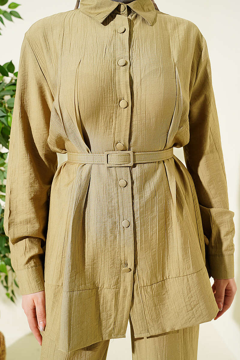 Belted Two-Piece Set with Waist Darts - Almond Green