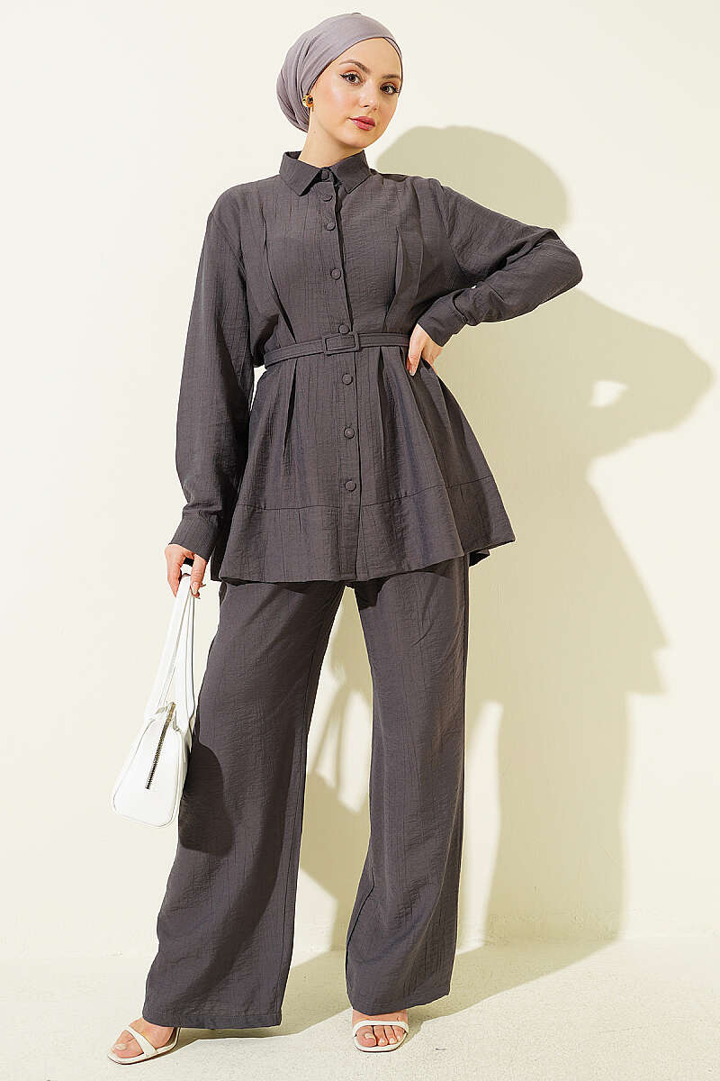 Belted Two-Piece Set with Waist Darts - Smoke Grey