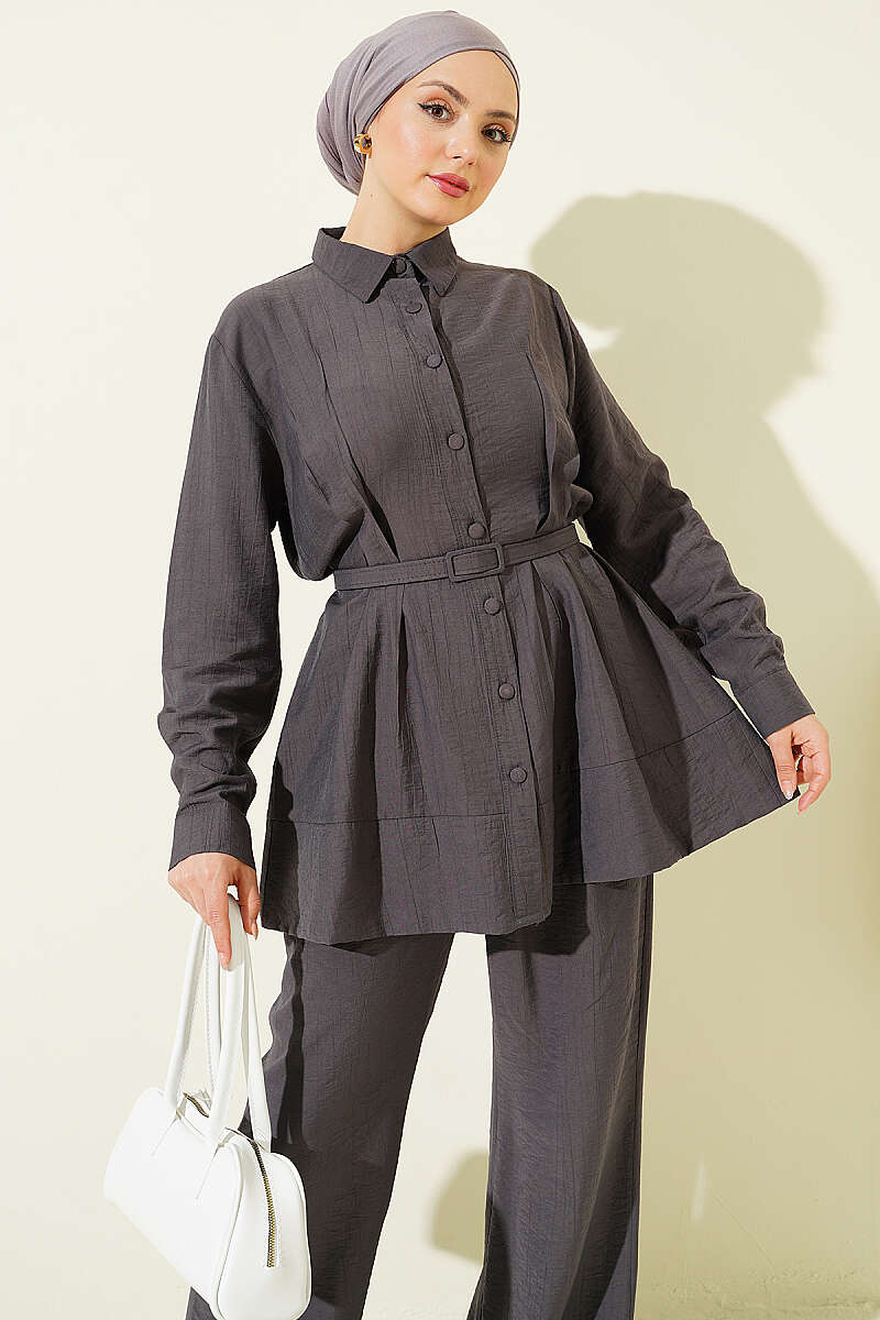 Belted Two-Piece Set with Waist Darts - Smoke Grey