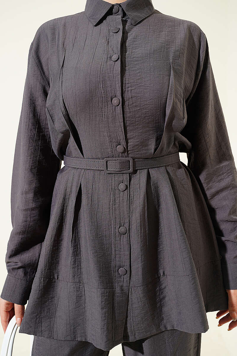 Belted Two-Piece Set with Waist Darts - Smoke Grey