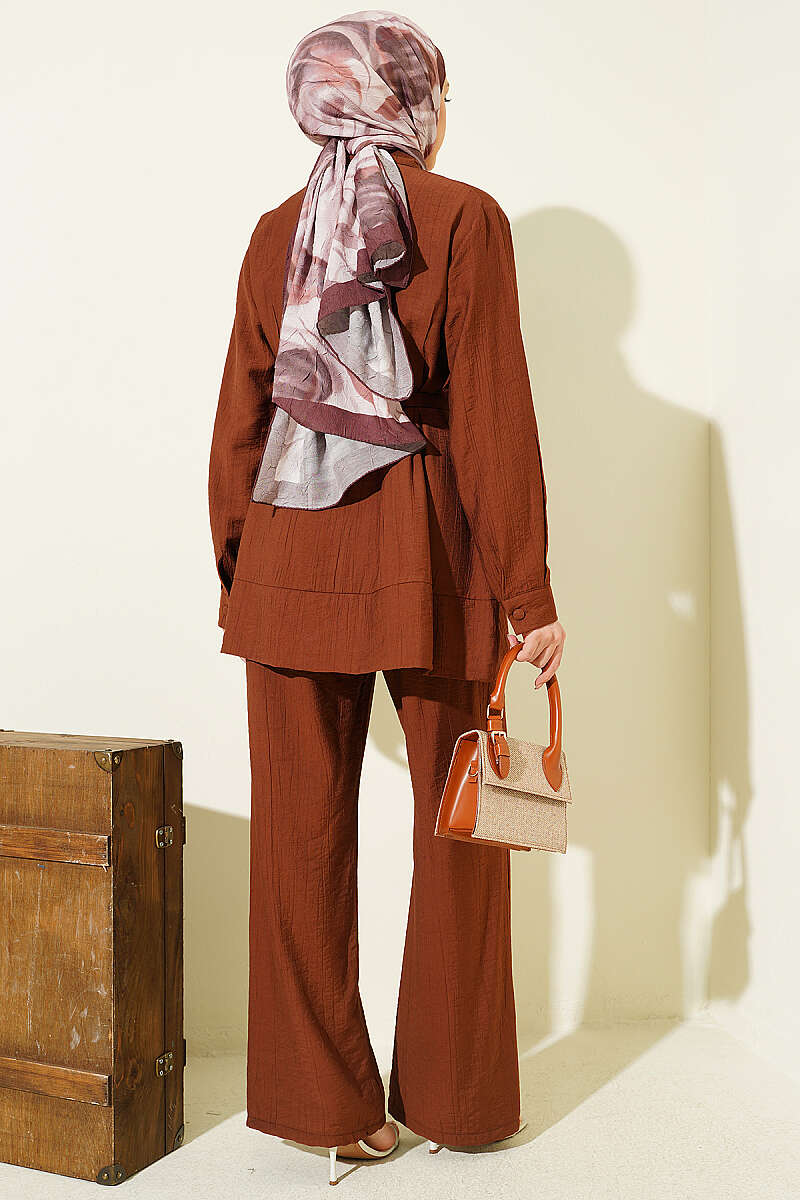 Belted Two-Piece Set with Waist Darts - Brown
