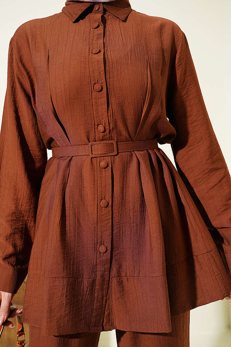 Belted Two-Piece Set with Waist Darts - Brown