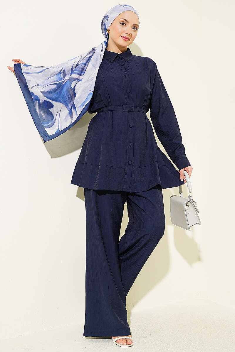 Belted Two-Piece Set with Waist Darts - Navy