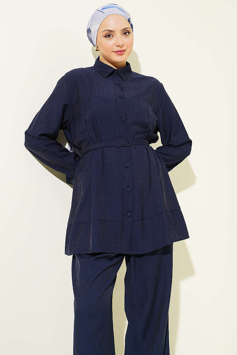 Belted Two-Piece Set with Waist Darts - Navy