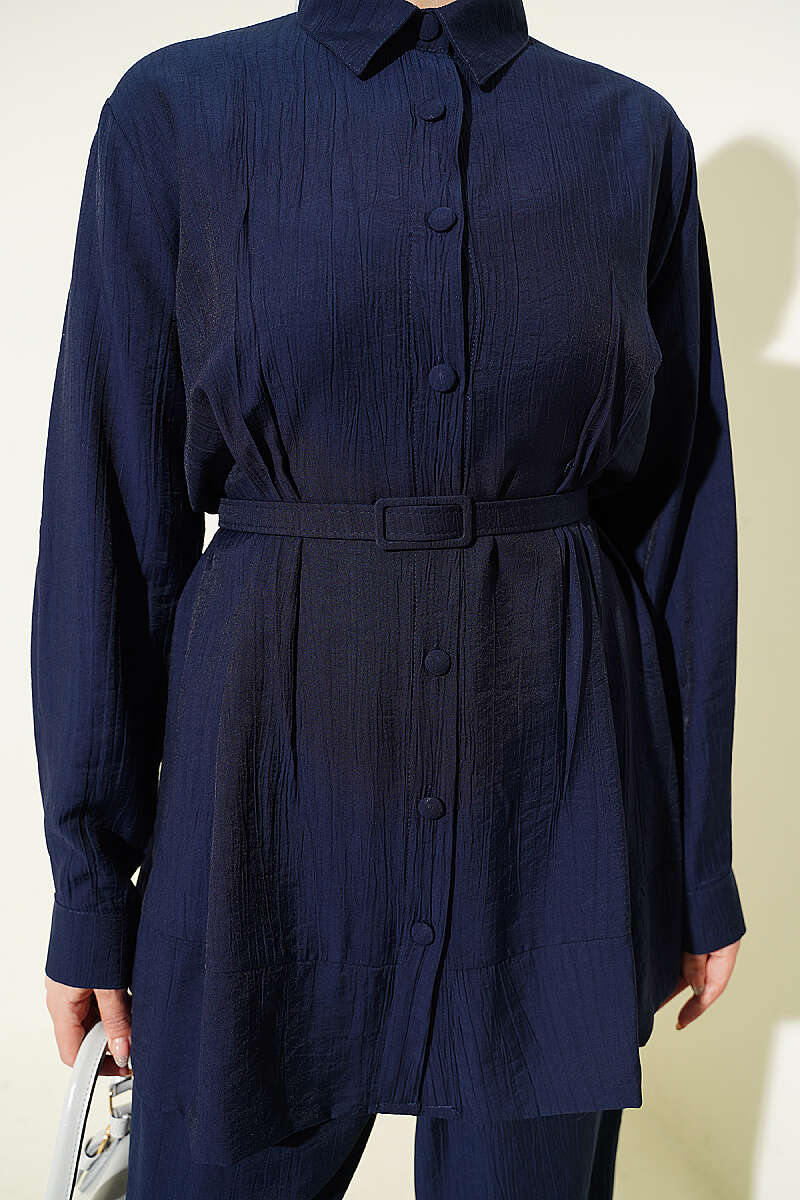 Belted Two-Piece Set with Waist Darts - Navy