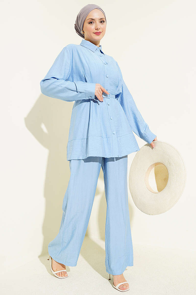 Belted Two-Piece Set with Waist Darts - Blue