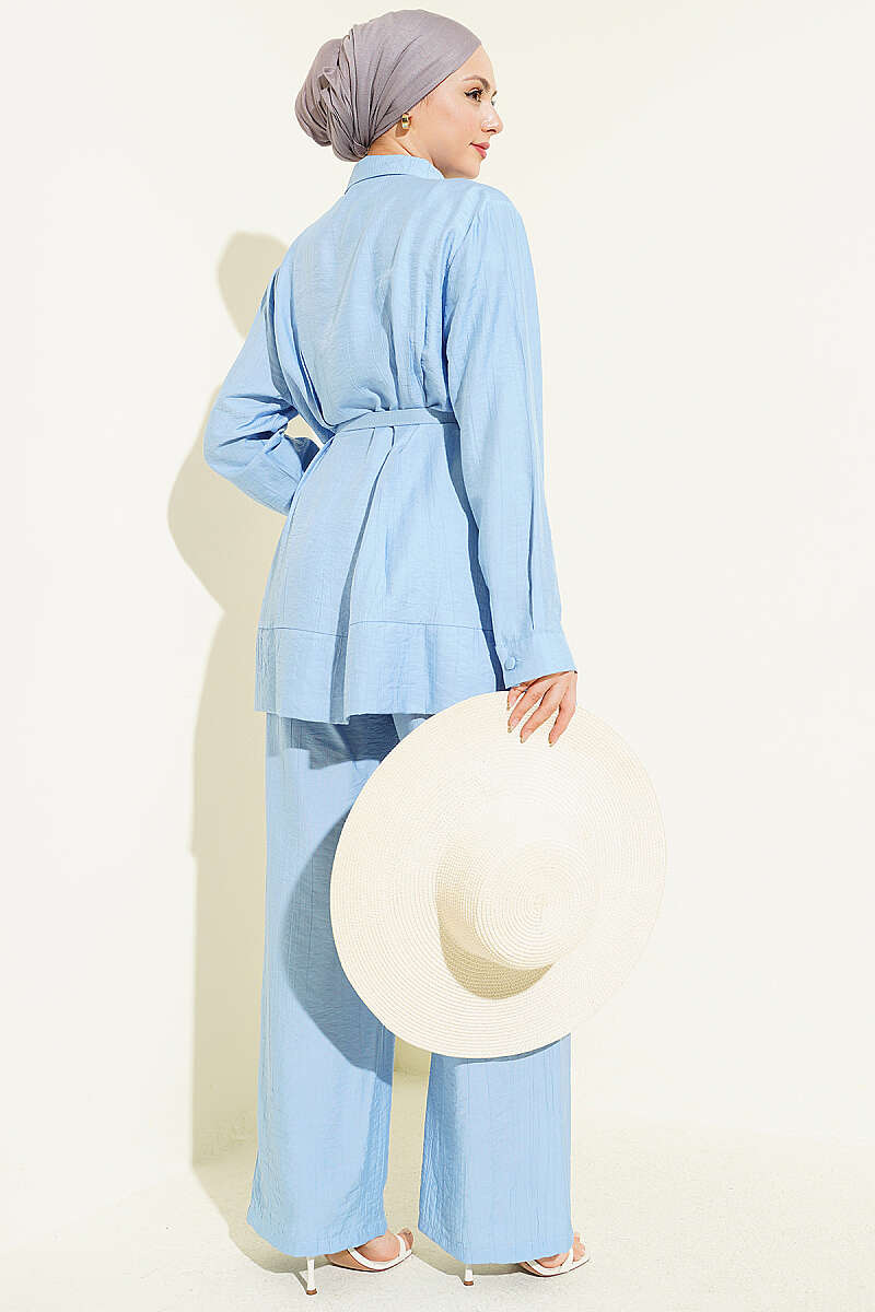 Belted Two-Piece Set with Waist Darts - Blue