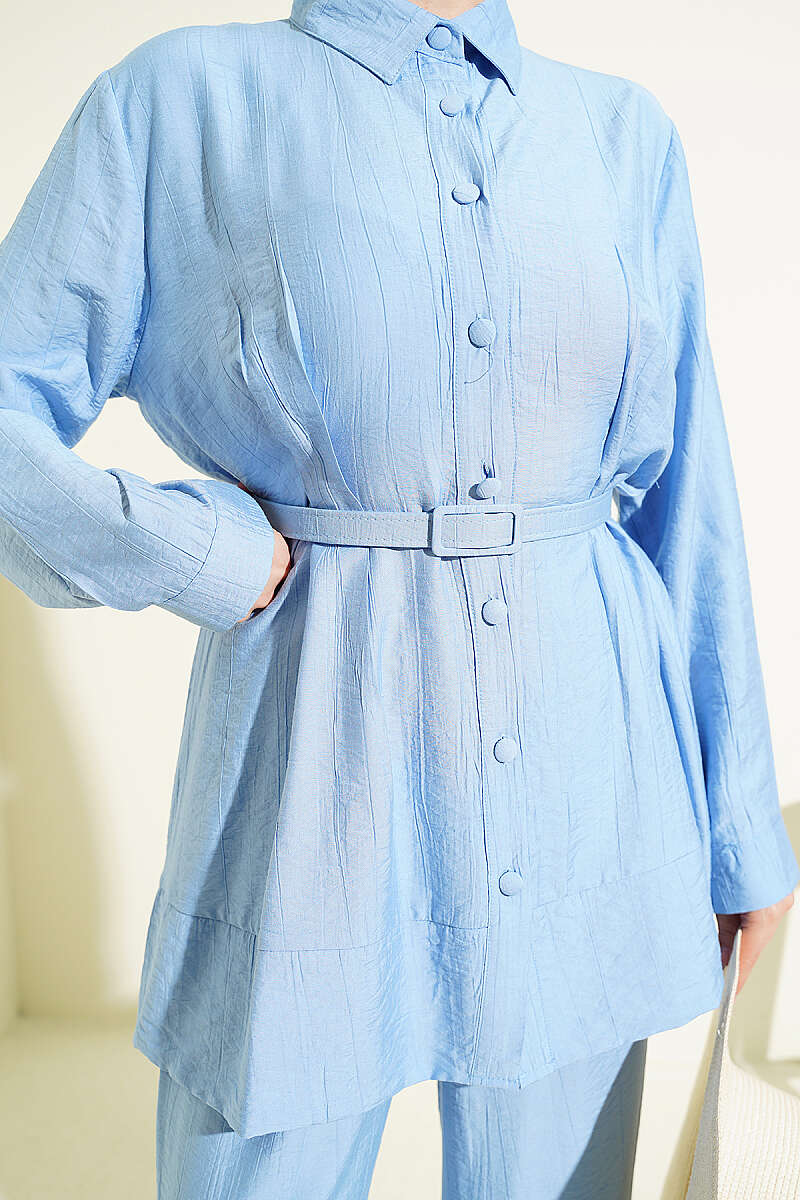 Belted Two-Piece Set with Waist Darts - Blue