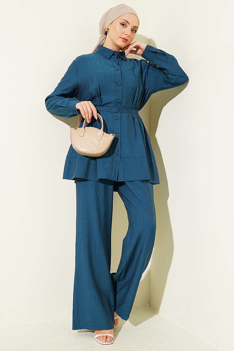 Belted Two-Piece Set with Waist Darts - Teal