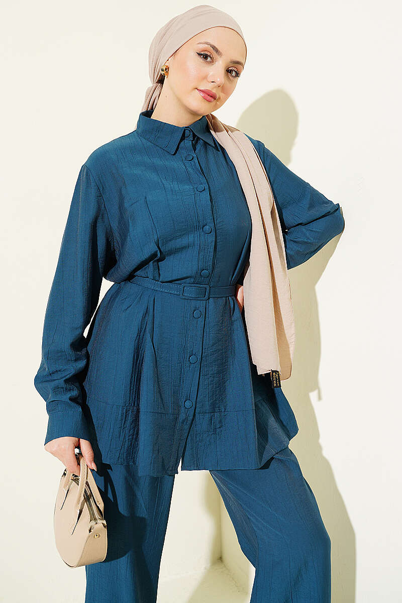 Belted Two-Piece Set with Waist Darts - Teal