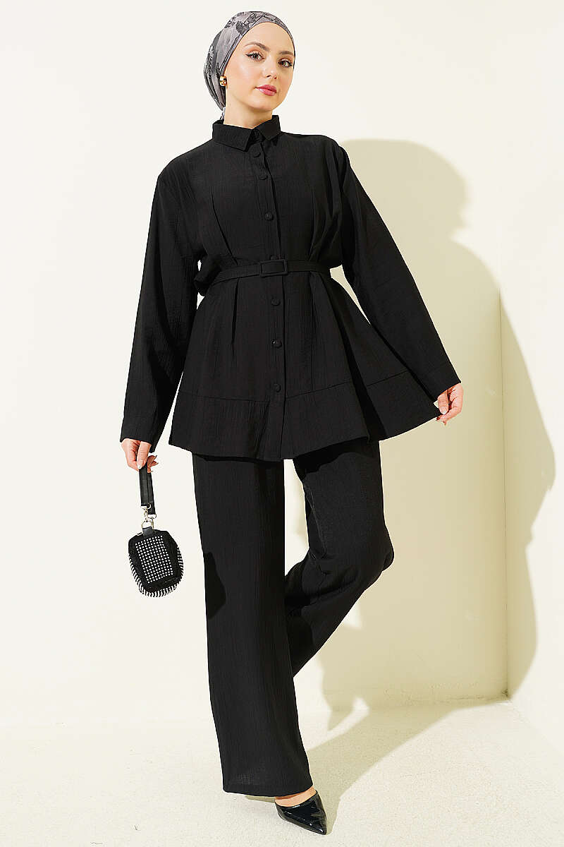 Belted Two-Piece Set with Waist Darts - Black