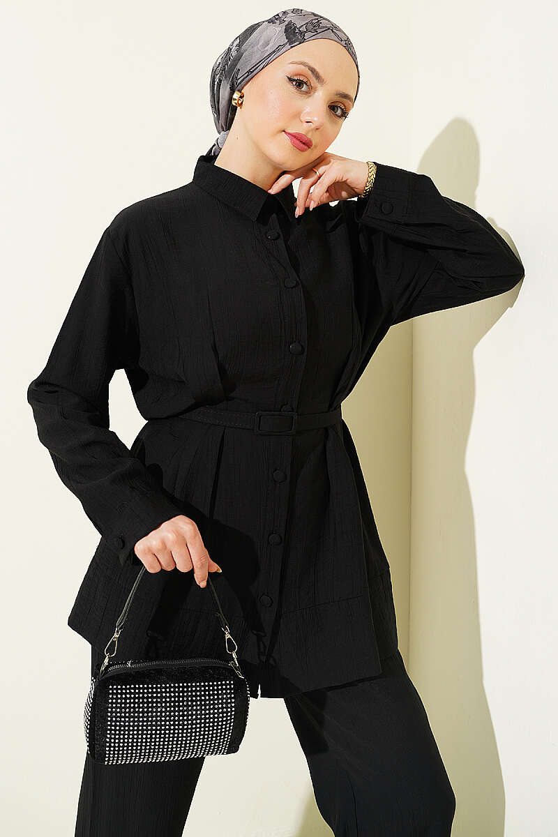 Belted Two-Piece Set with Waist Darts - Black