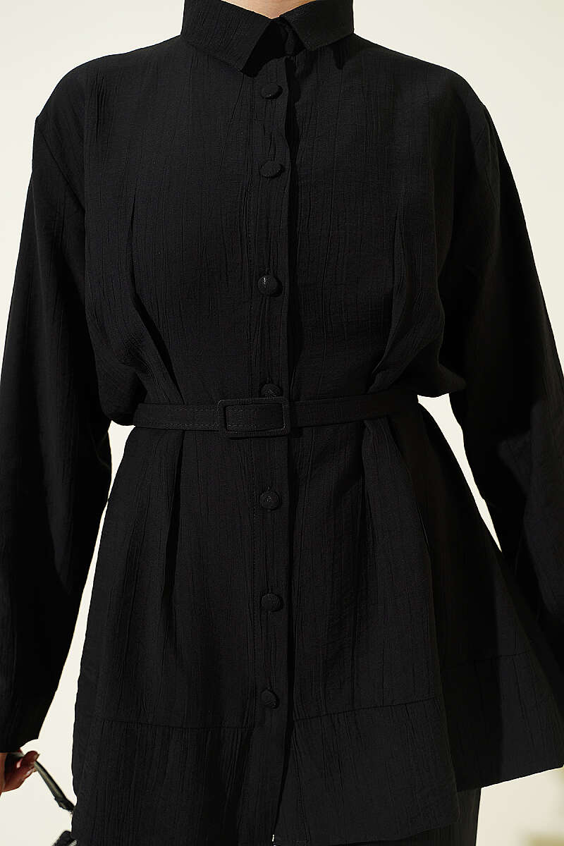 Belted Two-Piece Set with Waist Darts - Black
