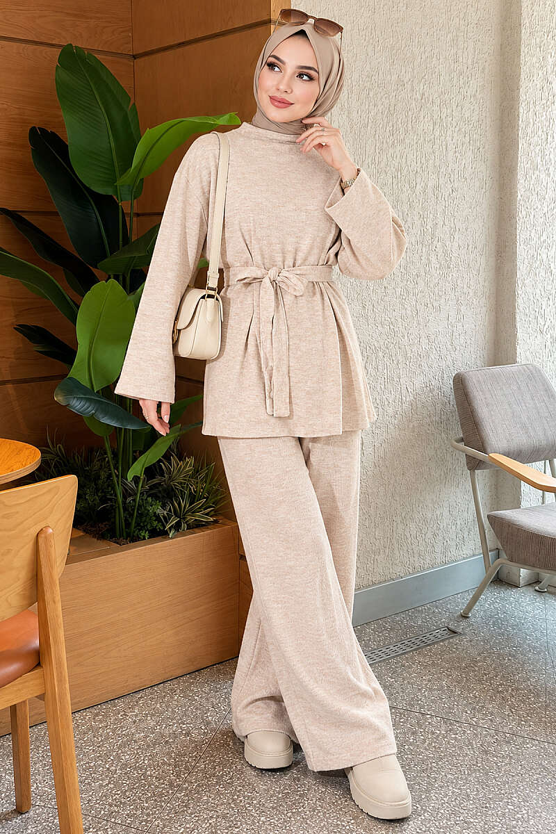 Basic Belted Two-Piece Set - Beige