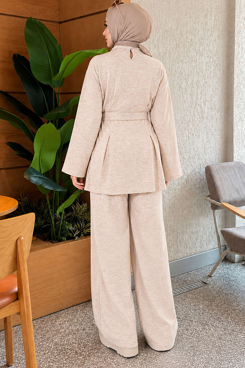 Basic Belted Two-Piece Set - Beige