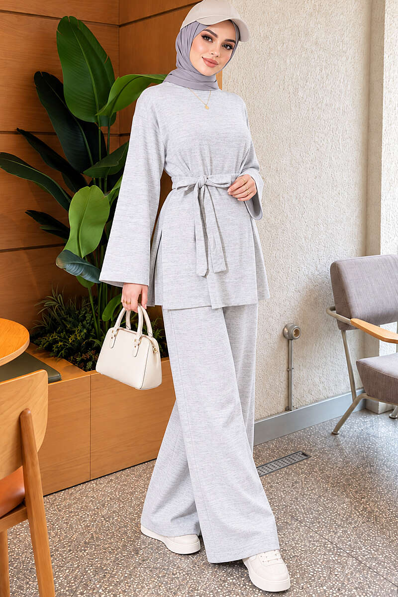 Basic Belted Two-Piece Set - Grey