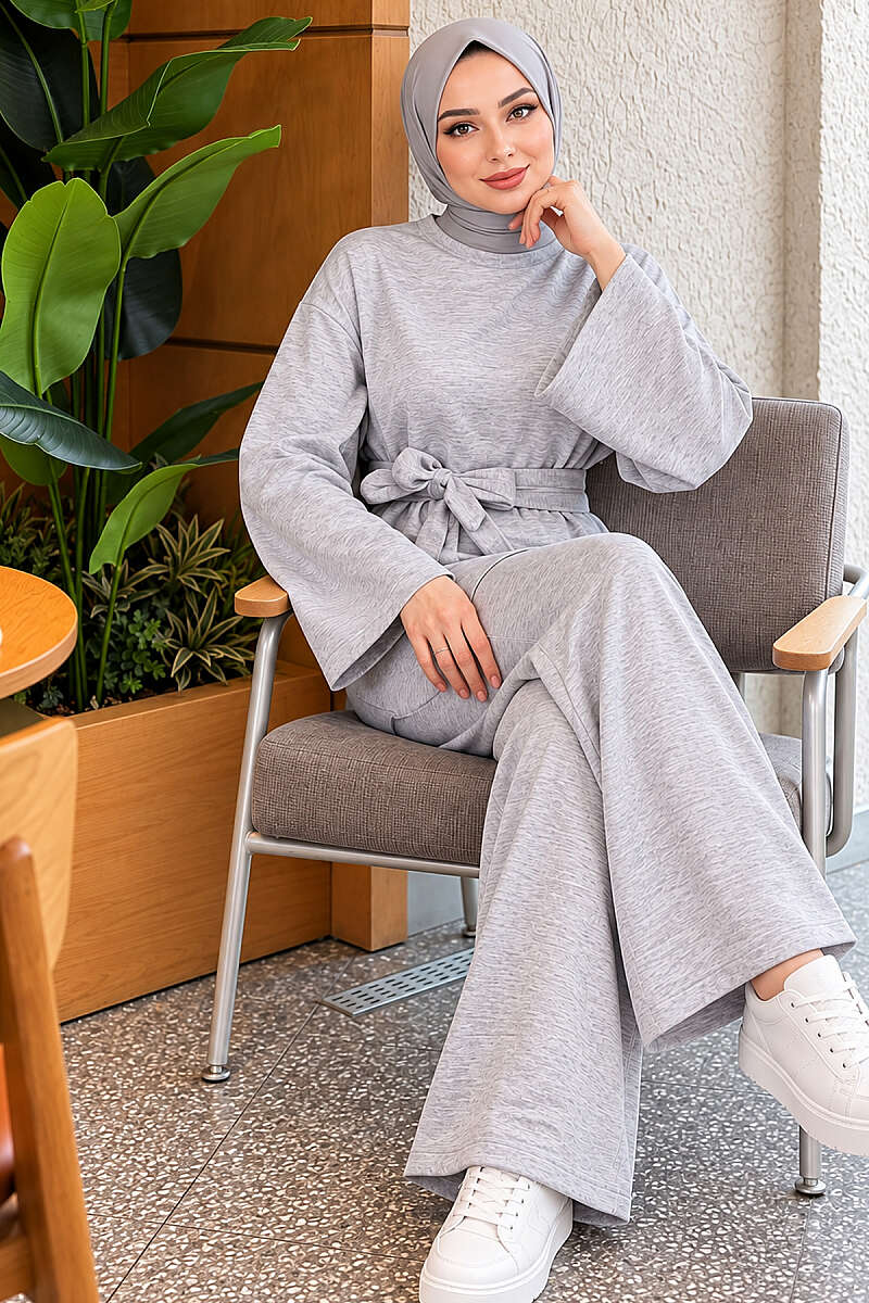 Basic Belted Two-Piece Set - Grey