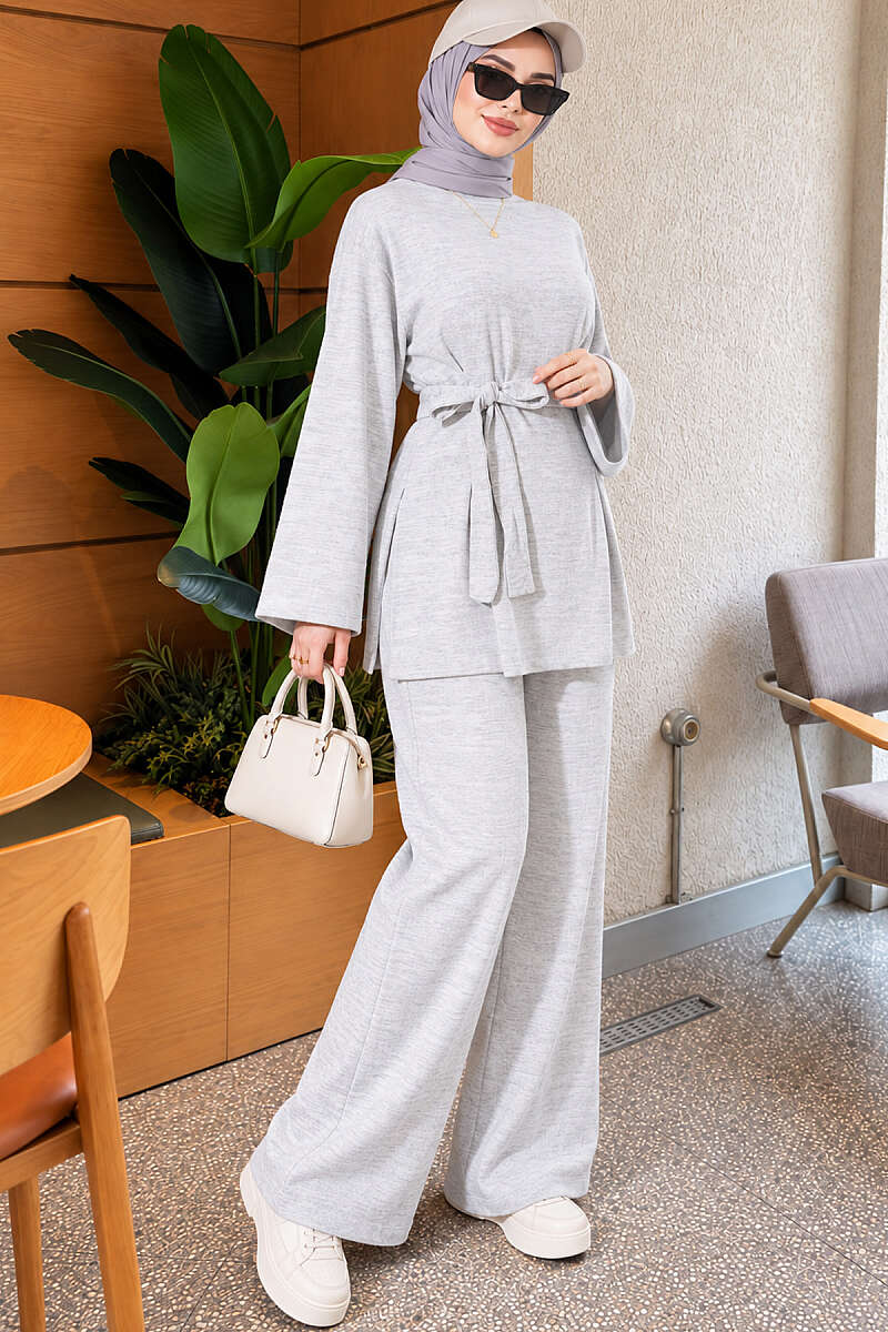 Basic Belted Two-Piece Set - Grey