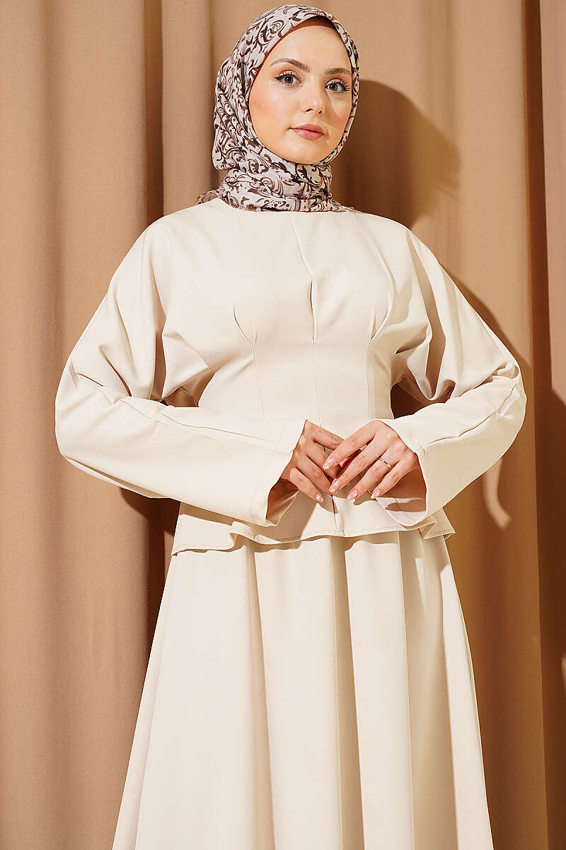 Belted Skirt Set with Waist Darts - Beige