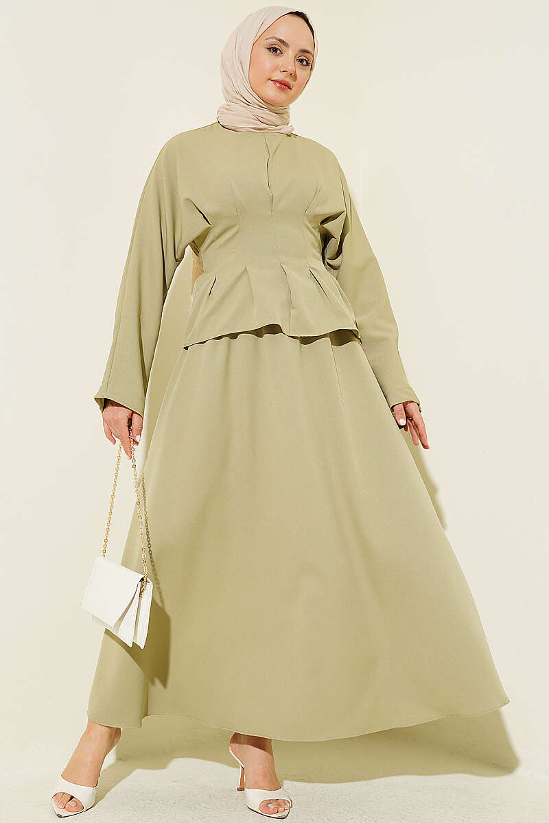 Belted Skirt Set with Waist Darts - Almond Green