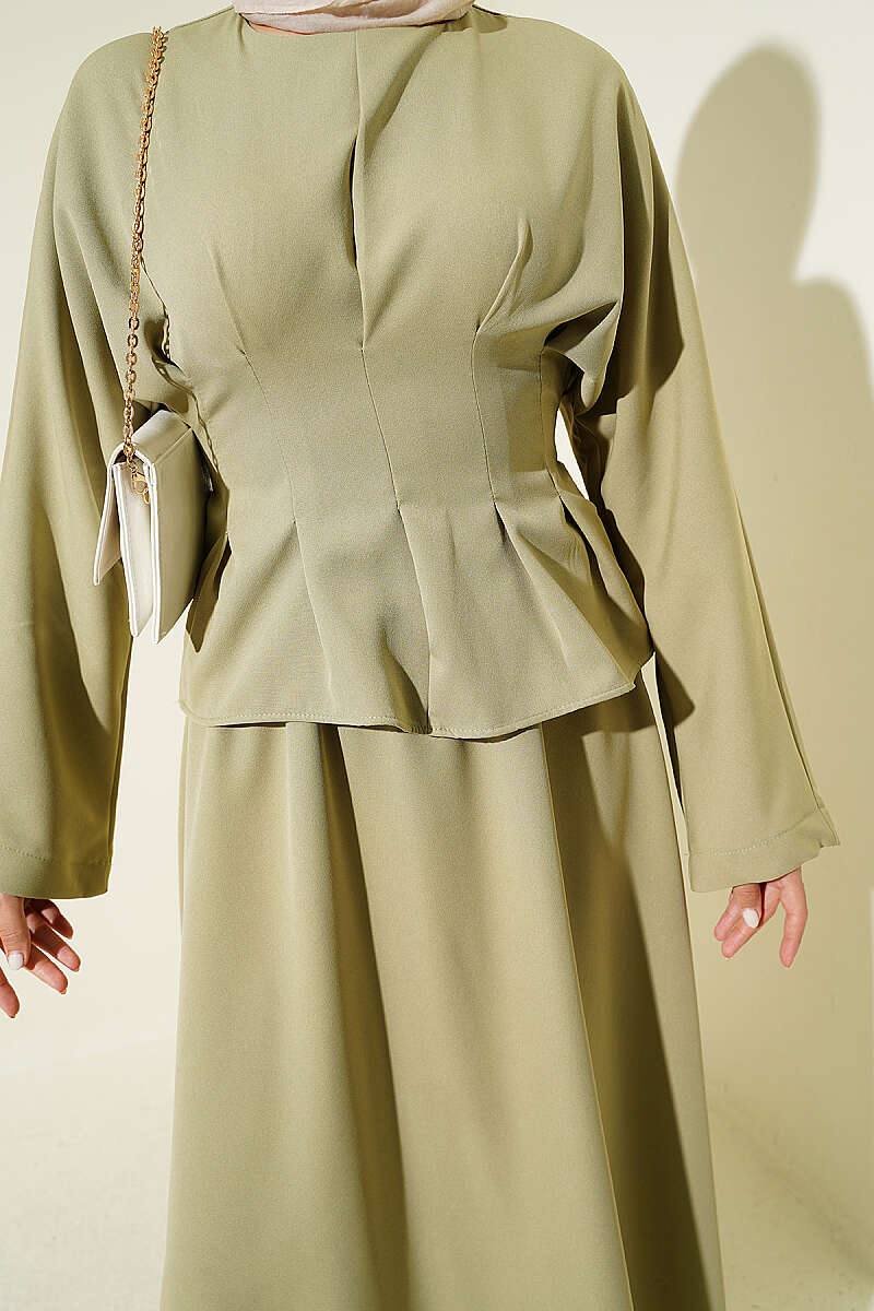 Belted Skirt Set with Waist Darts - Almond Green