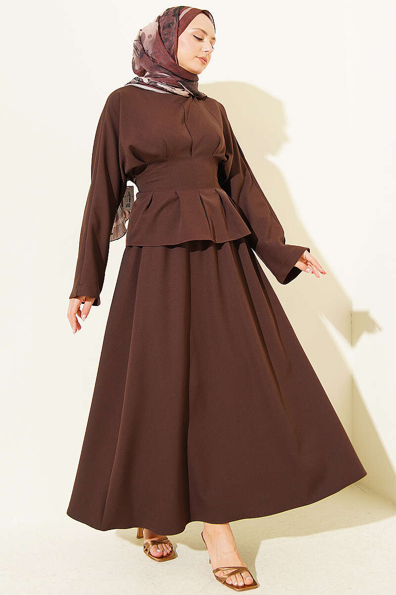 Belted Skirt Set with Waist Darts - Brown