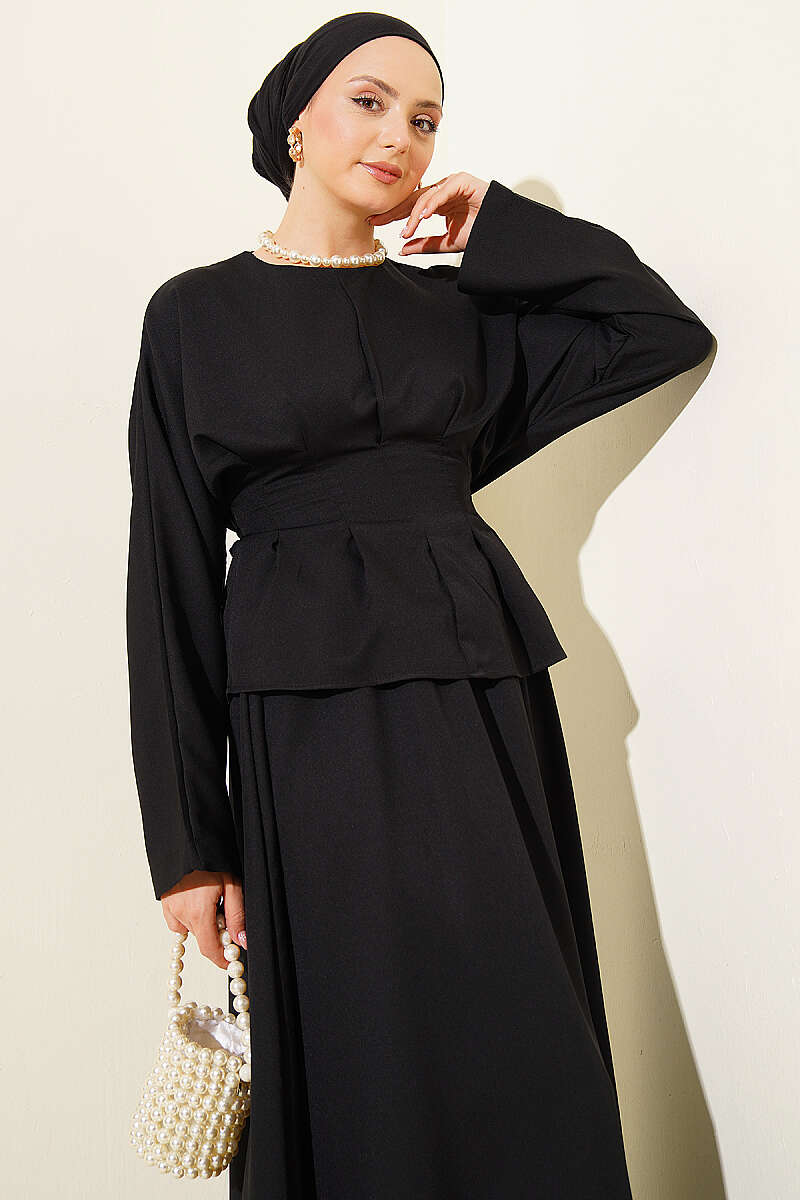 Belted Skirt Set with Waist Darts - Black