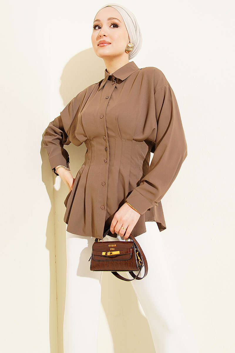 Pleated Shirt with Waist Darts - Mink