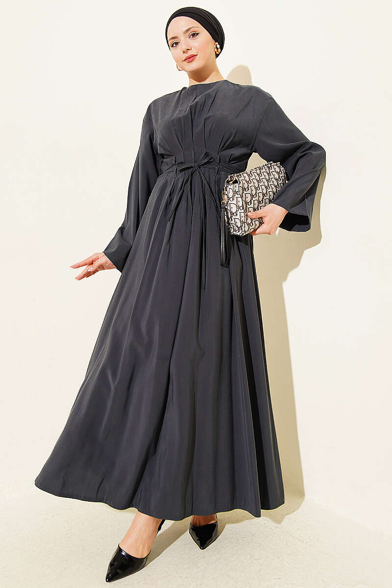 Pleated Modal Dress with Waist Darts and Tie Belt - Smoke Grey
