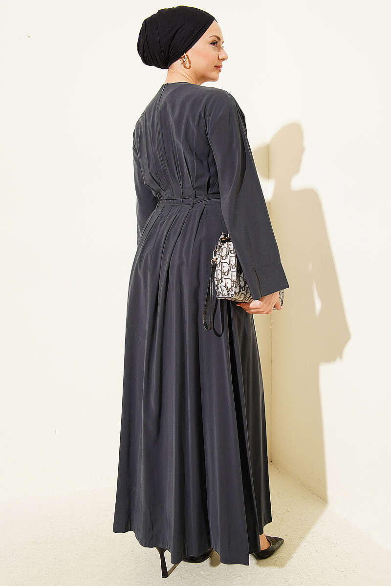 Pleated Modal Dress with Waist Darts and Tie Belt - Smoke Grey