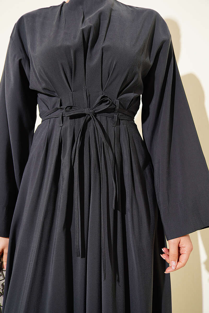 Pleated Modal Dress with Waist Darts and Tie Belt - Smoke Grey