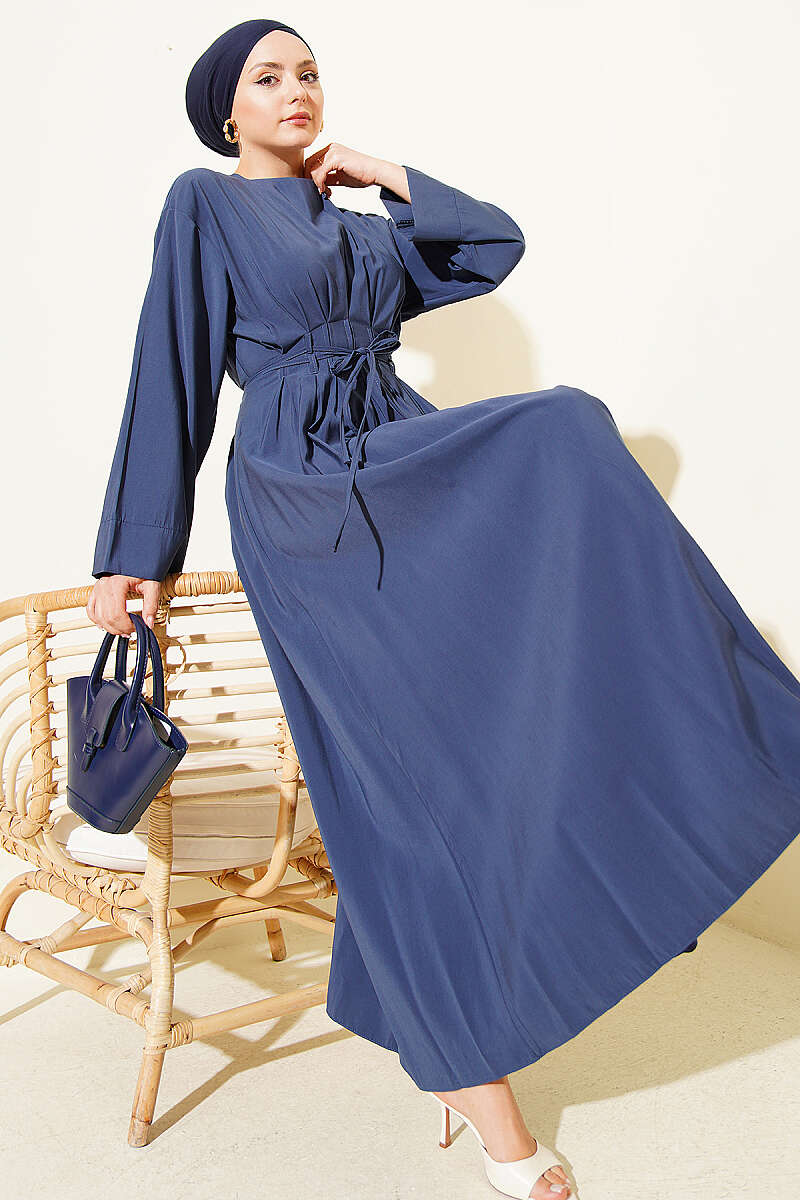 Pleated Modal Dress with Waist Darts and Tie Belt - Navy