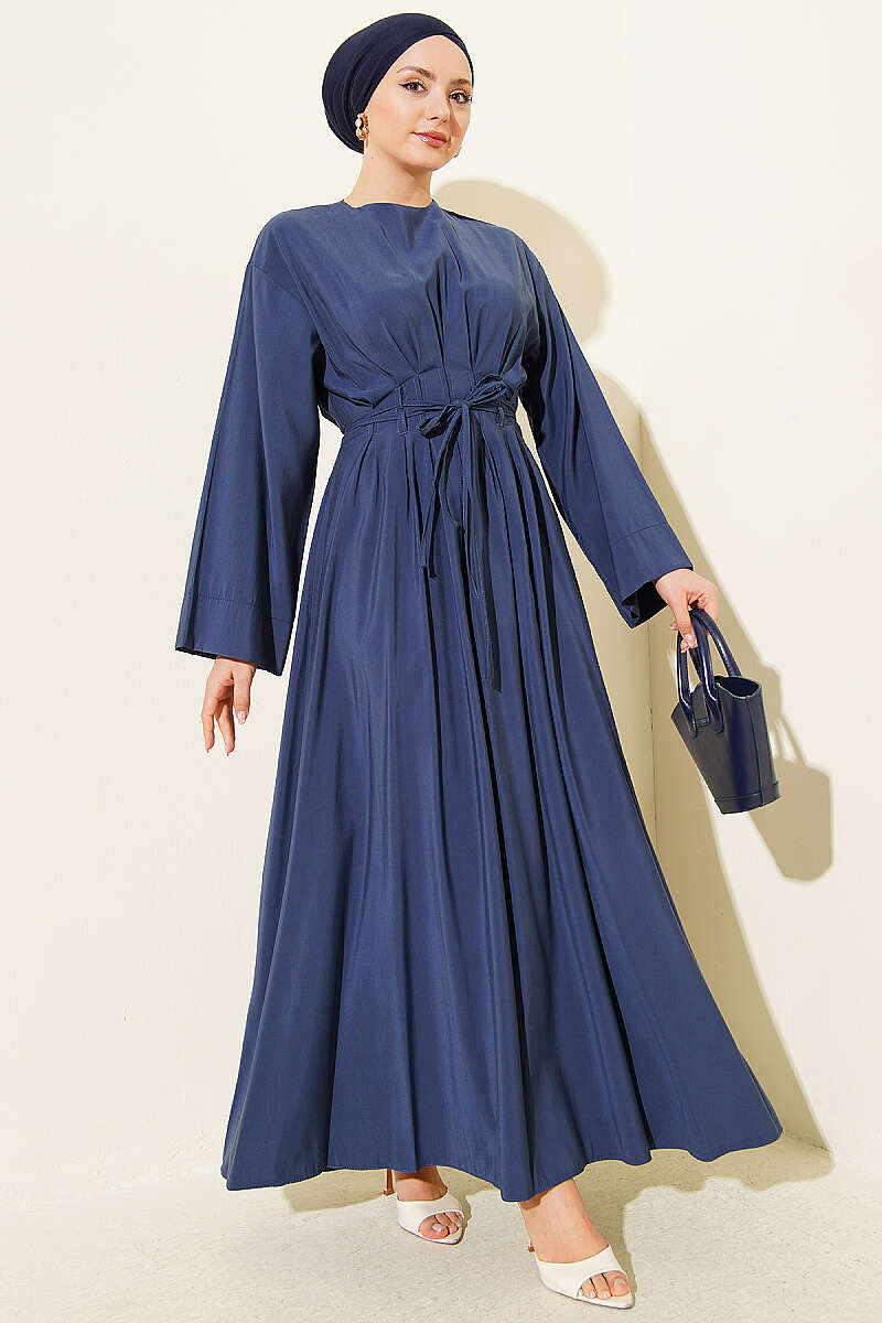 Pleated Modal Dress with Waist Darts and Tie Belt - Navy