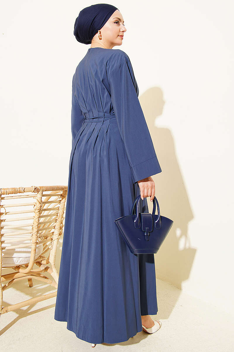 Pleated Modal Dress with Waist Darts and Tie Belt - Navy