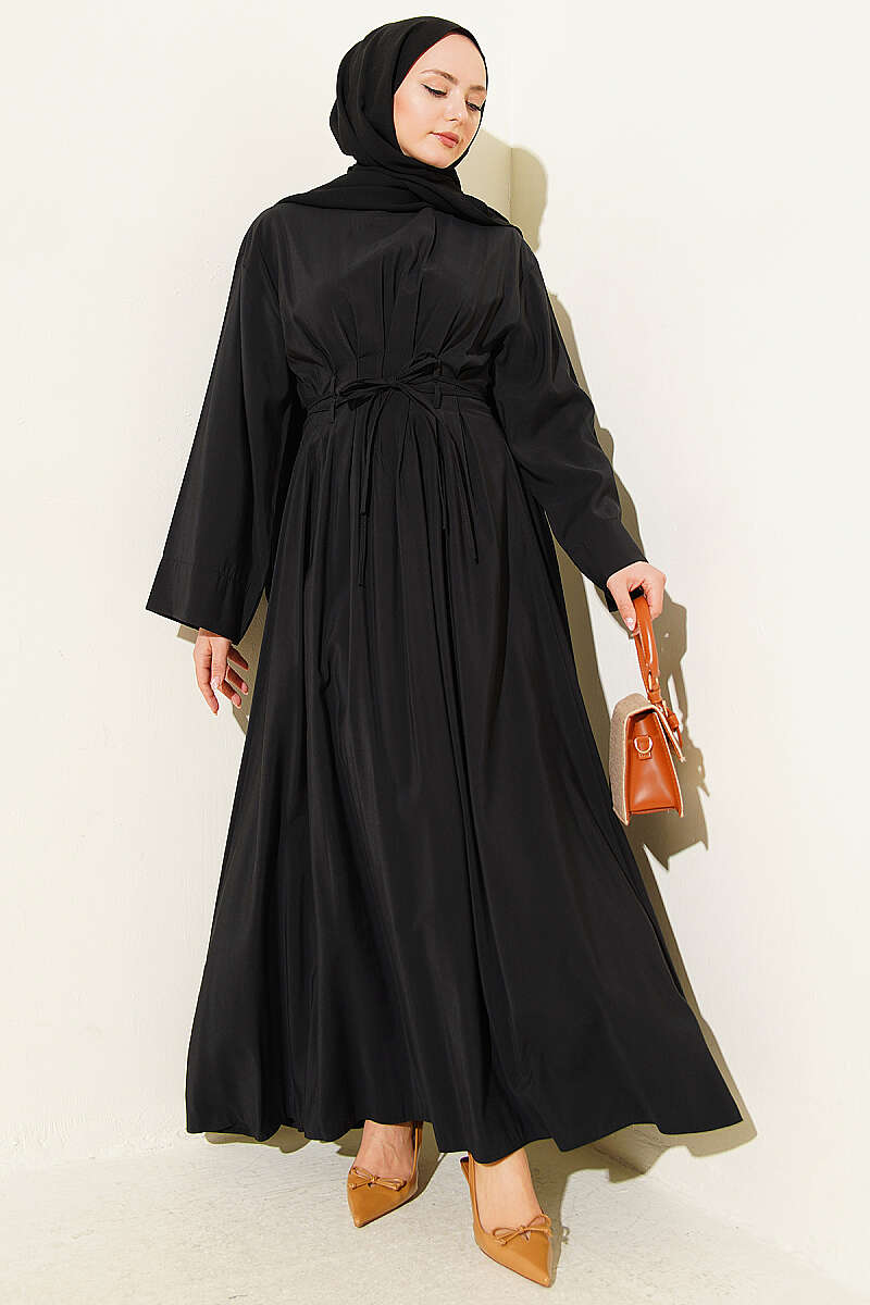 Pleated Modal Dress with Waist Darts and Tie Belt - Black