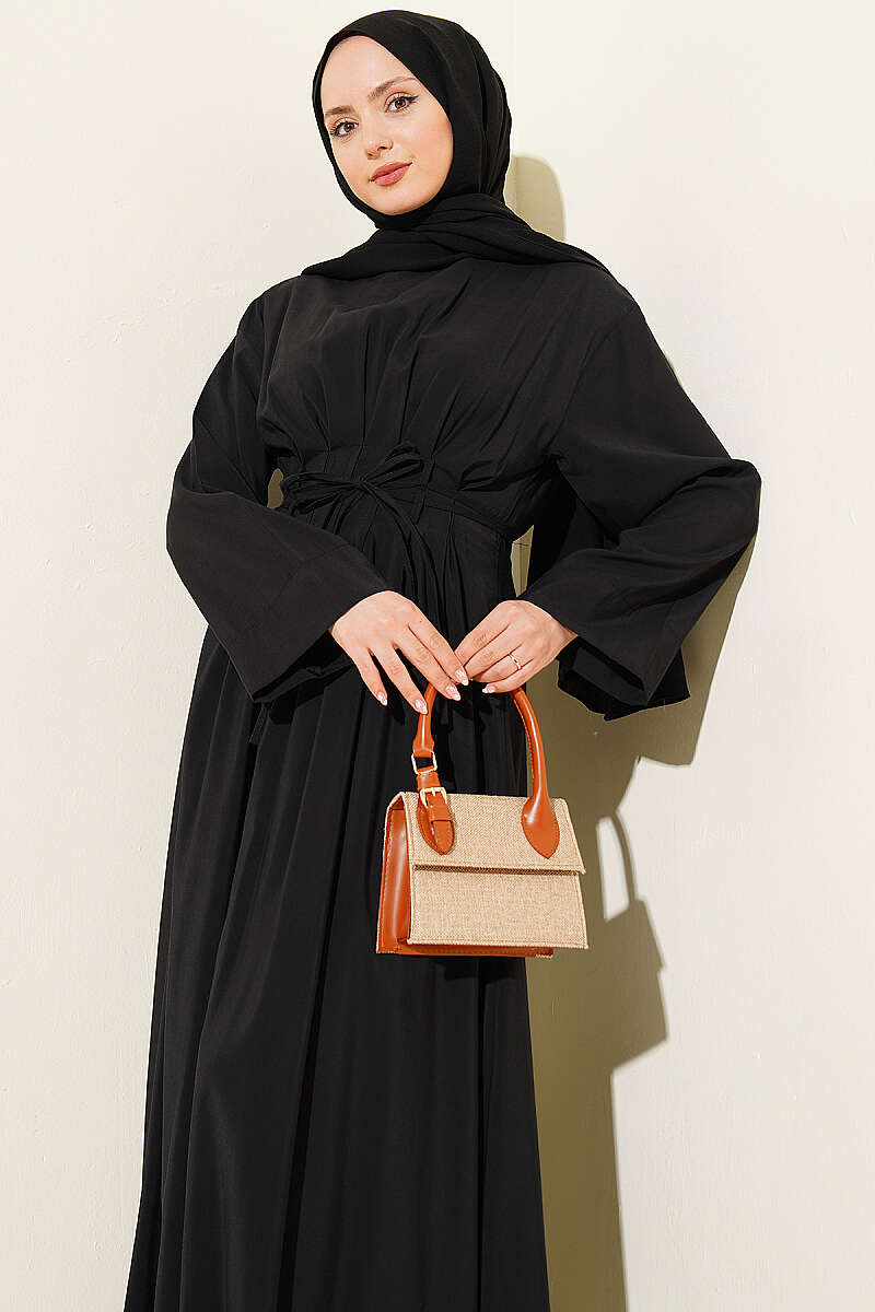 Pleated Modal Dress with Waist Darts and Tie Belt - Black