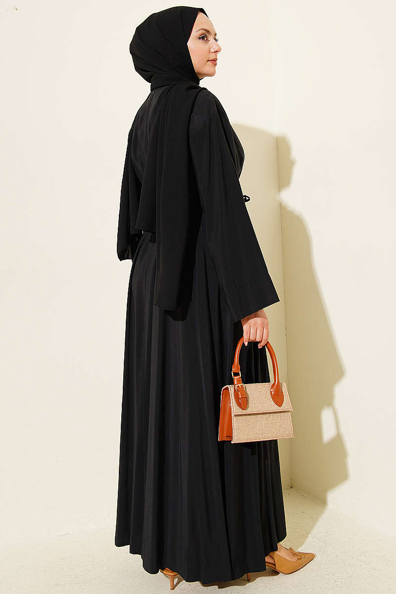 Pleated Modal Dress with Waist Darts and Tie Belt - Black