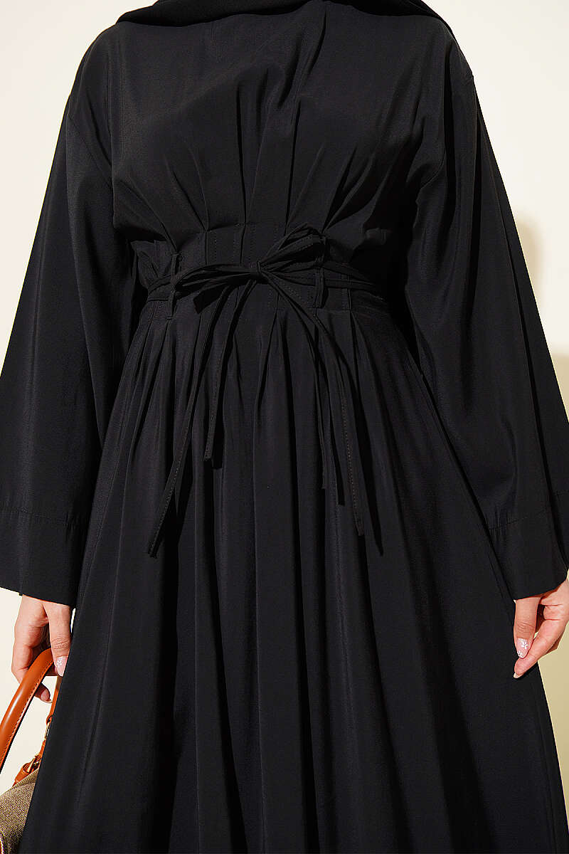 Pleated Modal Dress with Waist Darts and Tie Belt - Black