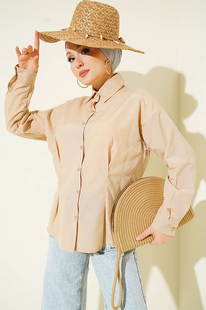 Poplin Shirt with Waist Darts - Beige