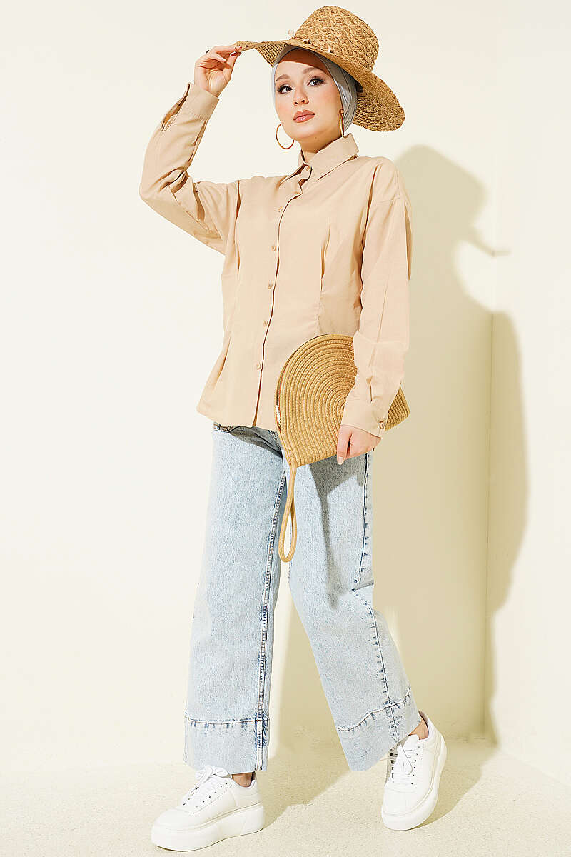 Poplin Shirt with Waist Darts - Beige