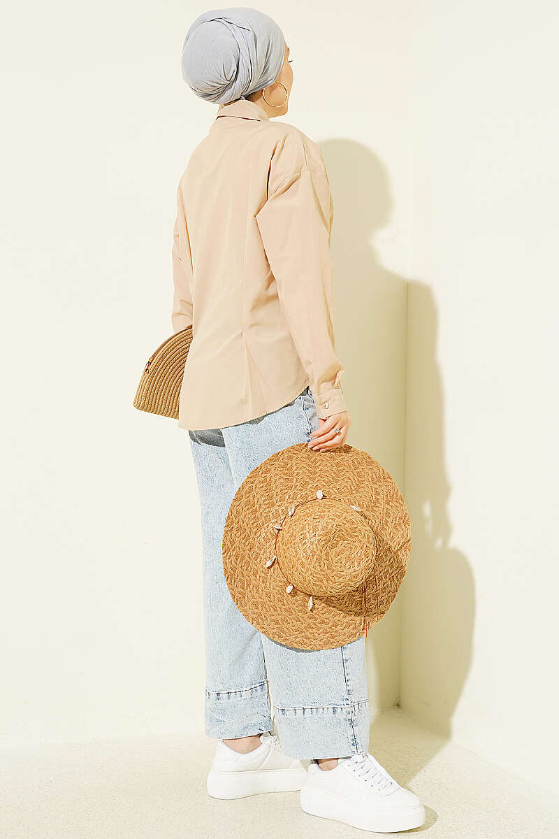 Poplin Shirt with Waist Darts - Beige
