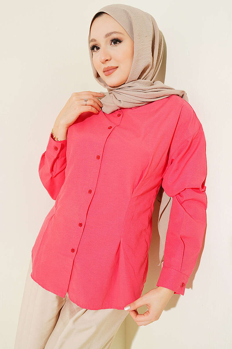 Poplin Shirt with Waist Darts - Pomegranate
