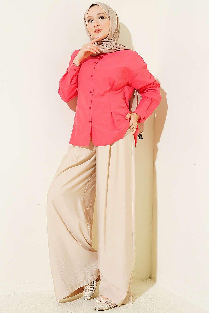 Poplin Shirt with Waist Darts - Pomegranate