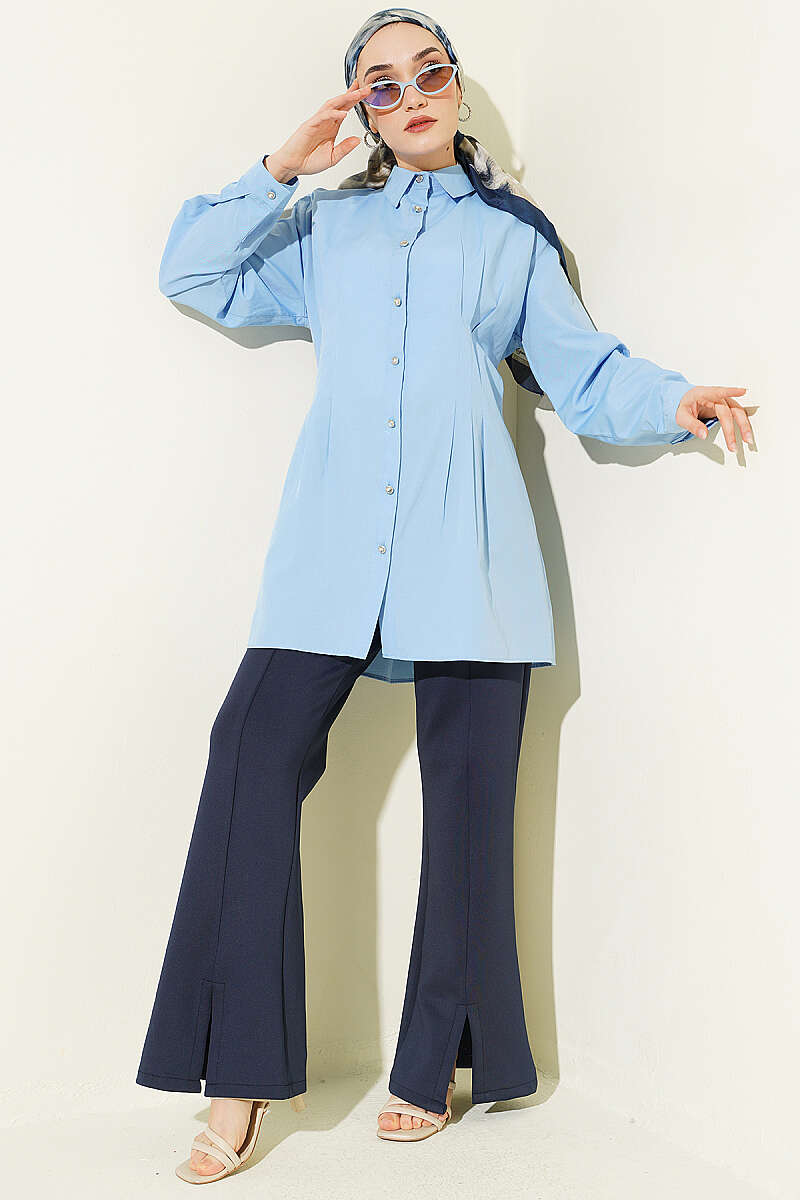 Dart Shirt with Stone Buttons - Light Blue
