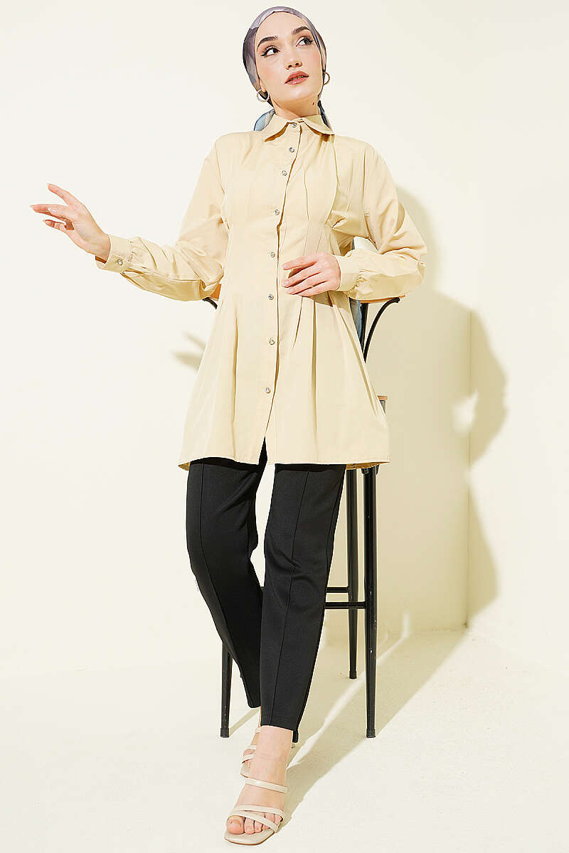 Dart Shirt with Stone Buttons - Beige