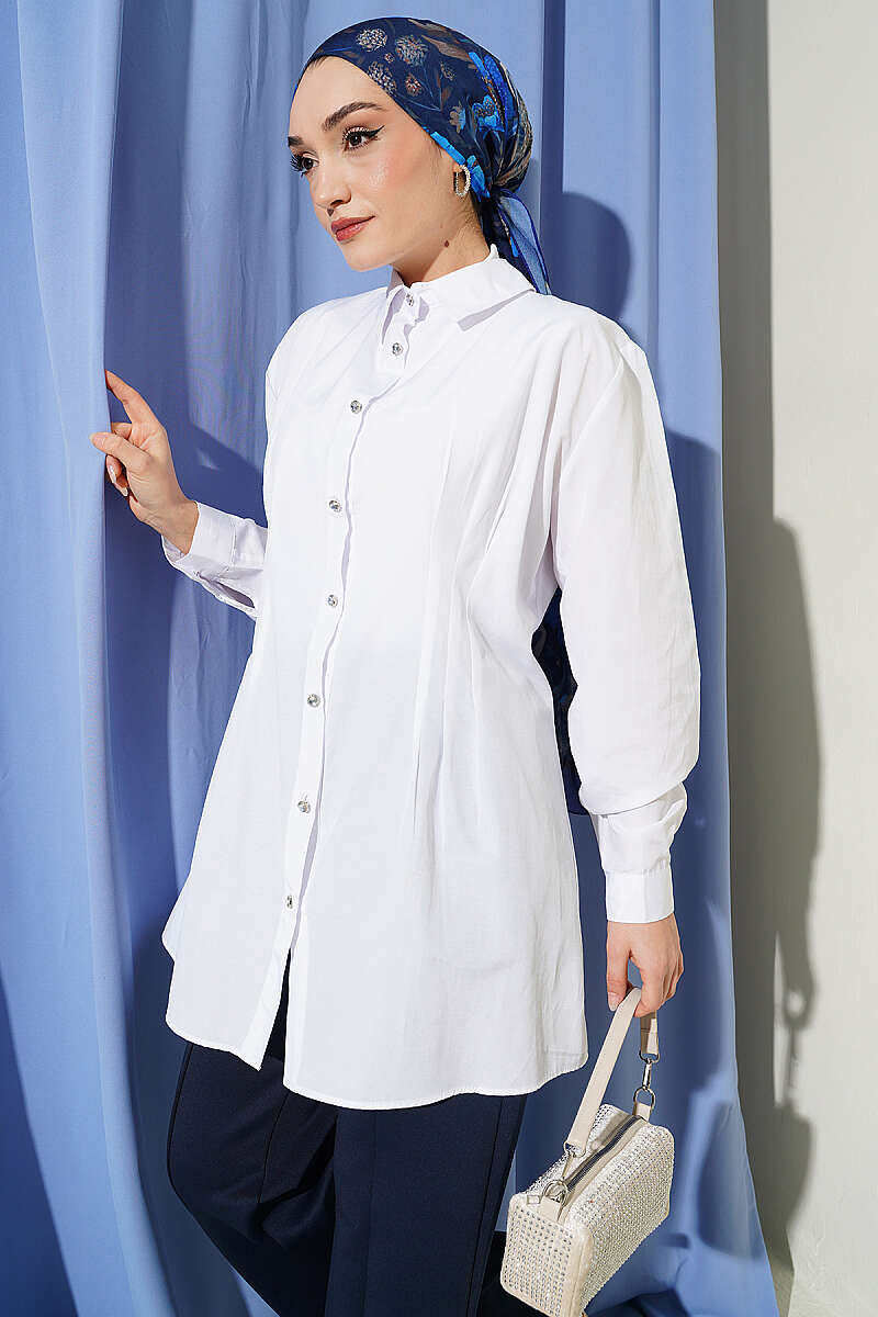 Dart Shirt with Stone Buttons - White