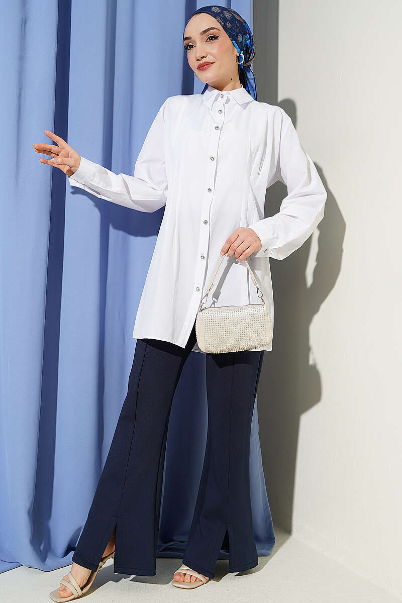 Dart Shirt with Stone Buttons - White