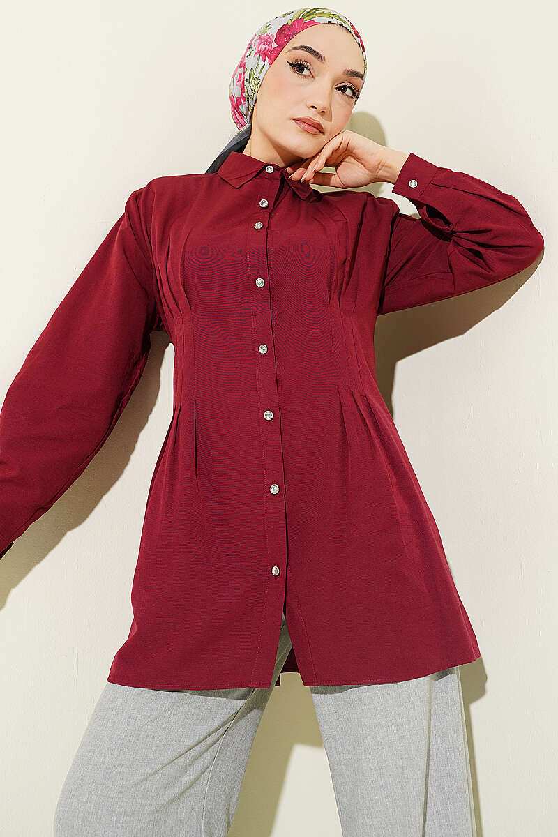 Dart Shirt with Stone Buttons - Burgundy
