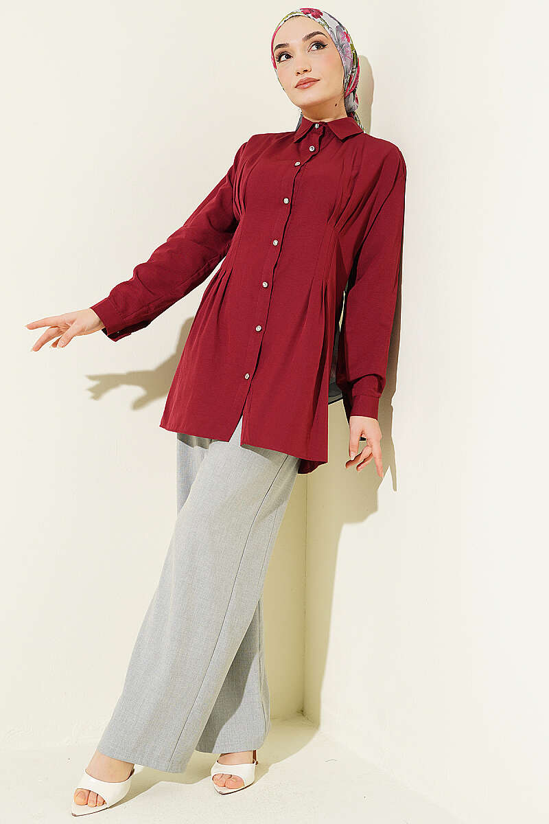Dart Shirt with Stone Buttons - Burgundy